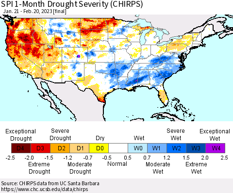 United States SPI 1-Month Drought Severity (CHIRPS) Thematic Map For 1/21/2023 - 2/20/2023