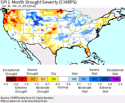 United States SPI 1-Month Drought Severity (CHIRPS) Thematic Map For 1/26/2023 - 2/25/2023