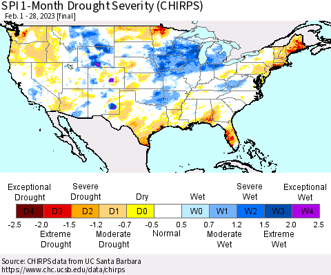 United States SPI 1-Month Drought Severity (CHIRPS) Thematic Map For 2/1/2023 - 2/28/2023