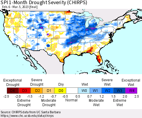 United States SPI 1-Month Drought Severity (CHIRPS) Thematic Map For 2/6/2023 - 3/5/2023