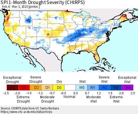 United States SPI 1-Month Drought Severity (CHIRPS) Thematic Map For 2/6/2023 - 3/5/2023