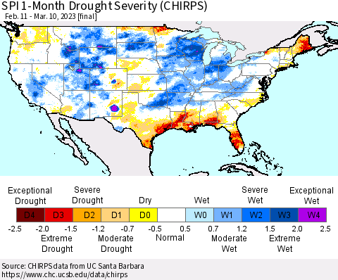 United States SPI 1-Month Drought Severity (CHIRPS) Thematic Map For 2/11/2023 - 3/10/2023