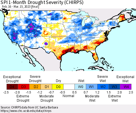 United States SPI 1-Month Drought Severity (CHIRPS) Thematic Map For 2/16/2023 - 3/15/2023