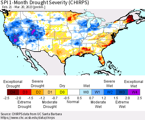 United States SPI 1-Month Drought Severity (CHIRPS) Thematic Map For 2/21/2023 - 3/20/2023