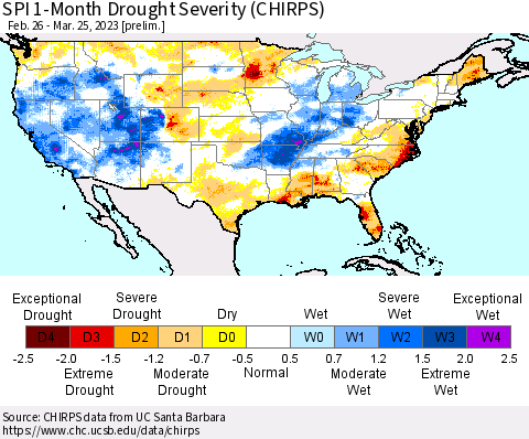 United States SPI 1-Month Drought Severity (CHIRPS) Thematic Map For 2/26/2023 - 3/25/2023