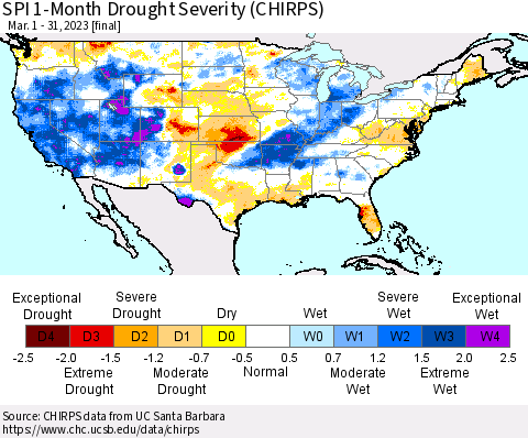 United States SPI 1-Month Drought Severity (CHIRPS) Thematic Map For 3/1/2023 - 3/31/2023