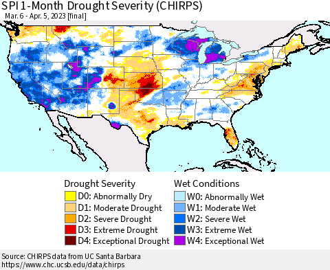 United States SPI 1-Month Drought Severity (CHIRPS) Thematic Map For 3/6/2023 - 4/5/2023