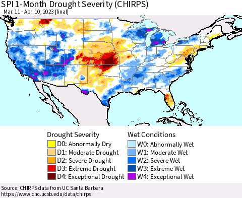 United States SPI 1-Month Drought Severity (CHIRPS) Thematic Map For 3/11/2023 - 4/10/2023