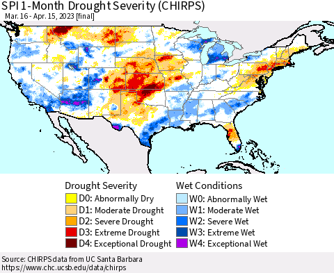 United States SPI 1-Month Drought Severity (CHIRPS) Thematic Map For 3/16/2023 - 4/15/2023