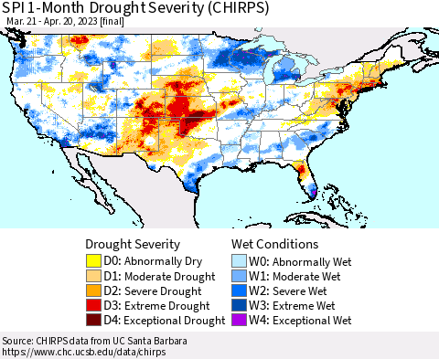 United States SPI 1-Month Drought Severity (CHIRPS) Thematic Map For 3/21/2023 - 4/20/2023