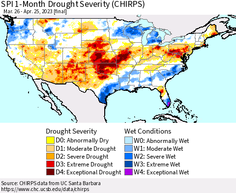 United States SPI 1-Month Drought Severity (CHIRPS) Thematic Map For 3/26/2023 - 4/25/2023
