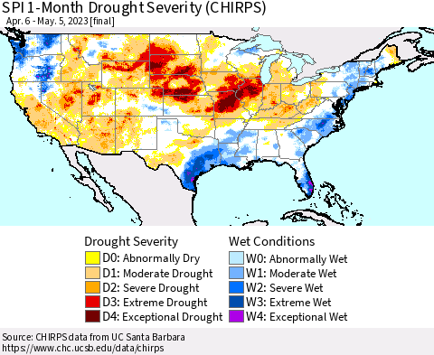 United States SPI 1-Month Drought Severity (CHIRPS) Thematic Map For 4/6/2023 - 5/5/2023