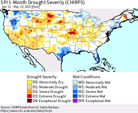 United States SPI 1-Month Drought Severity (CHIRPS) Thematic Map For 4/11/2023 - 5/10/2023