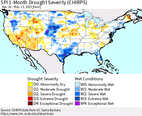 United States SPI 1-Month Drought Severity (CHIRPS) Thematic Map For 4/16/2023 - 5/15/2023