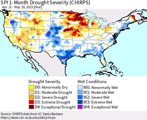 United States SPI 1-Month Drought Severity (CHIRPS) Thematic Map For 4/21/2023 - 5/20/2023
