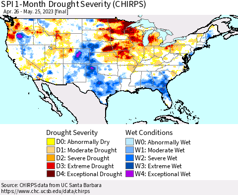 United States SPI 1-Month Drought Severity (CHIRPS) Thematic Map For 4/26/2023 - 5/25/2023