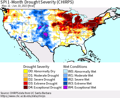United States SPI 1-Month Drought Severity (CHIRPS) Thematic Map For 5/11/2023 - 6/10/2023