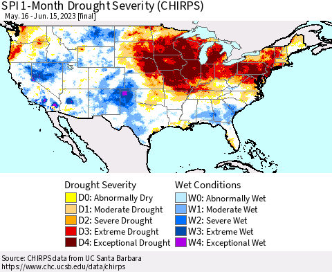 United States SPI 1-Month Drought Severity (CHIRPS) Thematic Map For 5/16/2023 - 6/15/2023