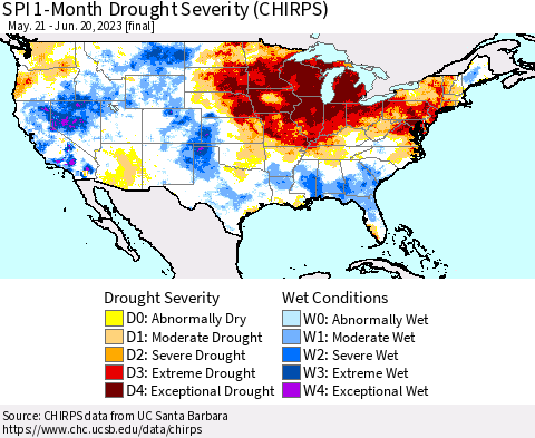 United States SPI 1-Month Drought Severity (CHIRPS) Thematic Map For 5/21/2023 - 6/20/2023