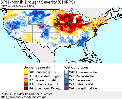 United States SPI 1-Month Drought Severity (CHIRPS) Thematic Map For 5/26/2023 - 6/25/2023