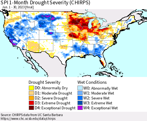 United States SPI 1-Month Drought Severity (CHIRPS) Thematic Map For 6/1/2023 - 6/30/2023