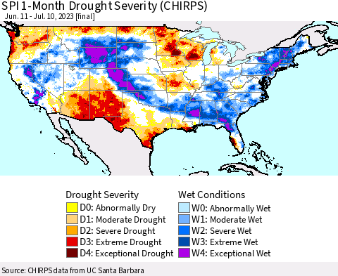United States SPI 1-Month Drought Severity (CHIRPS) Thematic Map For 6/11/2023 - 7/10/2023