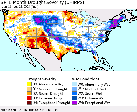 United States SPI 1-Month Drought Severity (CHIRPS) Thematic Map For 6/16/2023 - 7/15/2023