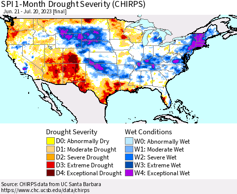 United States SPI 1-Month Drought Severity (CHIRPS) Thematic Map For 6/21/2023 - 7/20/2023