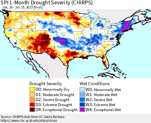 United States SPI 1-Month Drought Severity (CHIRPS) Thematic Map For 6/26/2023 - 7/25/2023
