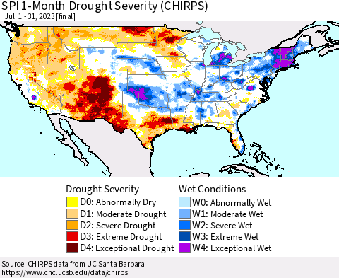 United States SPI 1-Month Drought Severity (CHIRPS) Thematic Map For 7/1/2023 - 7/31/2023
