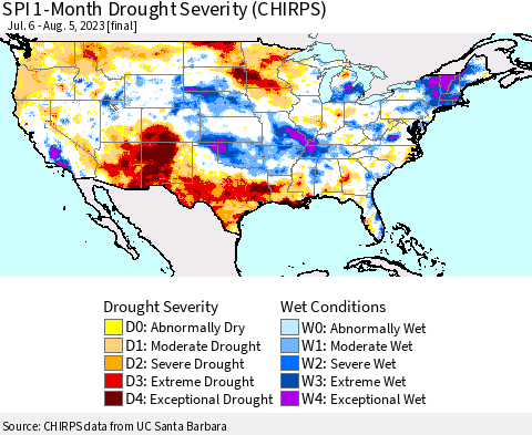 United States SPI 1-Month Drought Severity (CHIRPS) Thematic Map For 7/6/2023 - 8/5/2023