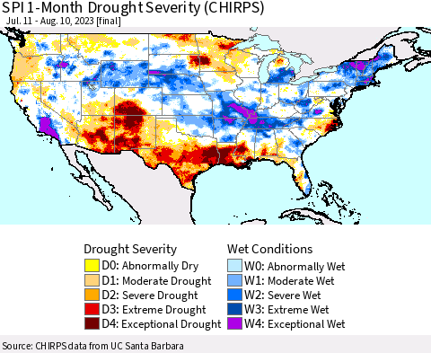 United States SPI 1-Month Drought Severity (CHIRPS) Thematic Map For 7/11/2023 - 8/10/2023