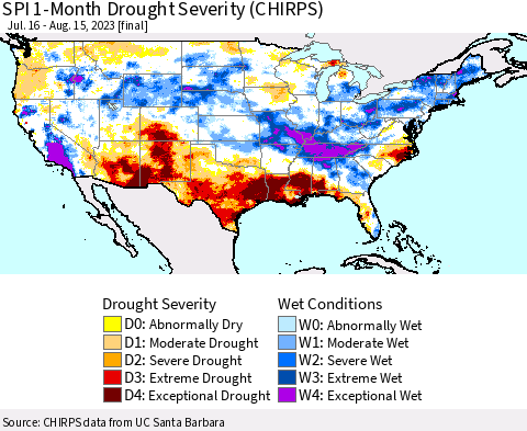 United States SPI 1-Month Drought Severity (CHIRPS) Thematic Map For 7/16/2023 - 8/15/2023