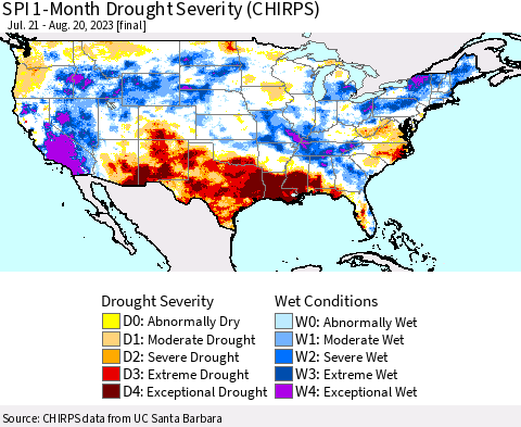 United States SPI 1-Month Drought Severity (CHIRPS) Thematic Map For 7/21/2023 - 8/20/2023