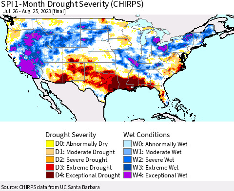 United States SPI 1-Month Drought Severity (CHIRPS) Thematic Map For 7/26/2023 - 8/25/2023
