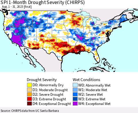 United States SPI 1-Month Drought Severity (CHIRPS) Thematic Map For 8/1/2023 - 8/31/2023