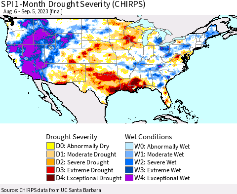 United States SPI 1-Month Drought Severity (CHIRPS) Thematic Map For 8/6/2023 - 9/5/2023