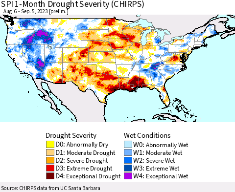 United States SPI 1-Month Drought Severity (CHIRPS) Thematic Map For 8/6/2023 - 9/5/2023