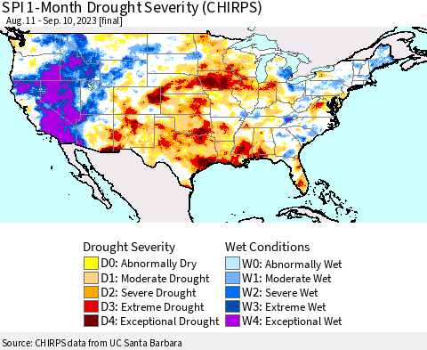 United States SPI 1-Month Drought Severity (CHIRPS) Thematic Map For 8/11/2023 - 9/10/2023