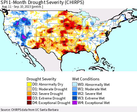 United States SPI 1-Month Drought Severity (CHIRPS) Thematic Map For 8/11/2023 - 9/10/2023