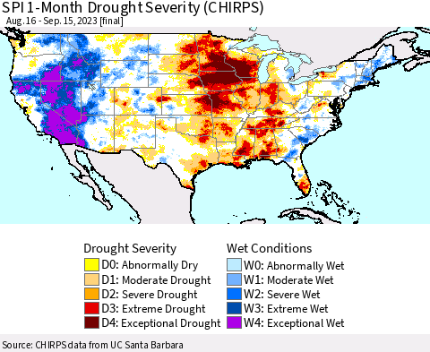 United States SPI 1-Month Drought Severity (CHIRPS) Thematic Map For 8/16/2023 - 9/15/2023