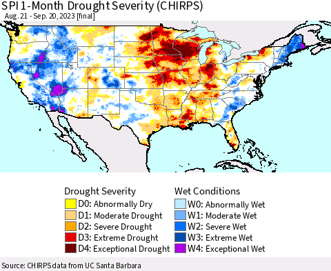 United States SPI 1-Month Drought Severity (CHIRPS) Thematic Map For 8/21/2023 - 9/20/2023