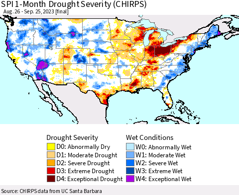 United States SPI 1-Month Drought Severity (CHIRPS) Thematic Map For 8/26/2023 - 9/25/2023