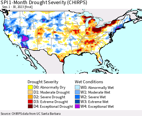 United States SPI 1-Month Drought Severity (CHIRPS) Thematic Map For 9/1/2023 - 9/30/2023