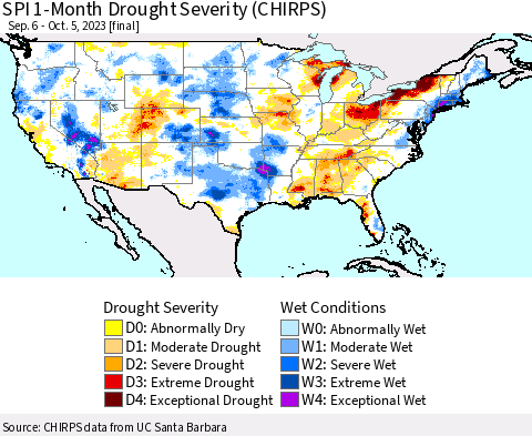 United States SPI 1-Month Drought Severity (CHIRPS) Thematic Map For 9/6/2023 - 10/5/2023