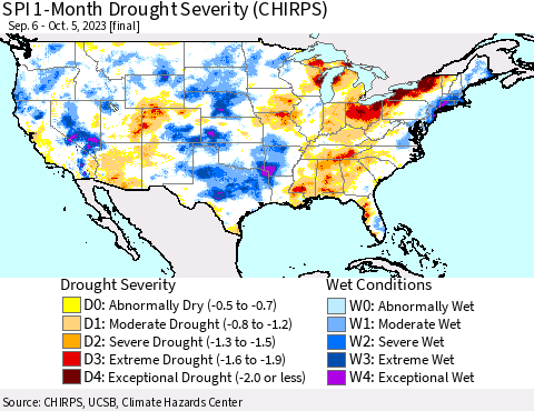 United States SPI 1-Month Drought Severity (CHIRPS) Thematic Map For 9/6/2023 - 10/5/2023