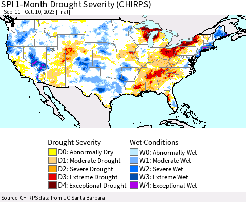 United States SPI 1-Month Drought Severity (CHIRPS) Thematic Map For 9/11/2023 - 10/10/2023