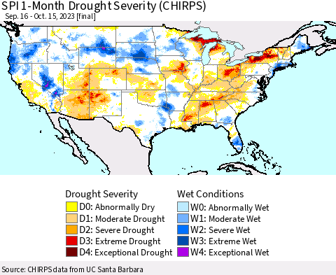 United States SPI 1-Month Drought Severity (CHIRPS) Thematic Map For 9/16/2023 - 10/15/2023