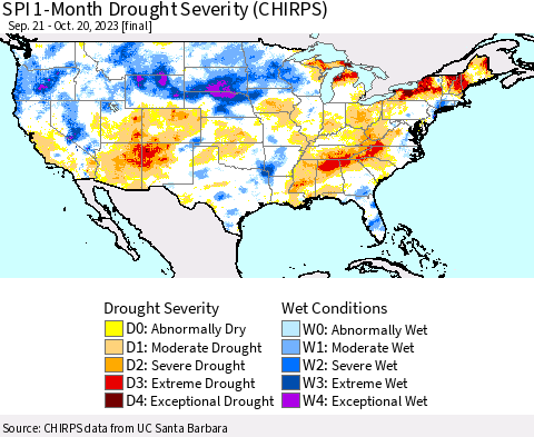 United States SPI 1-Month Drought Severity (CHIRPS) Thematic Map For 9/21/2023 - 10/20/2023