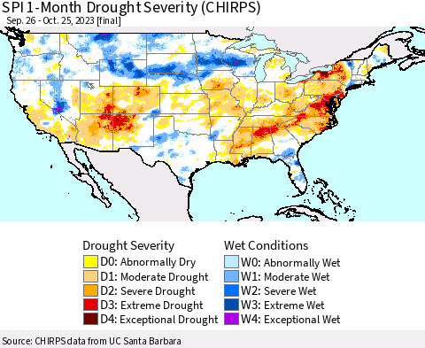 United States SPI 1-Month Drought Severity (CHIRPS) Thematic Map For 9/26/2023 - 10/25/2023